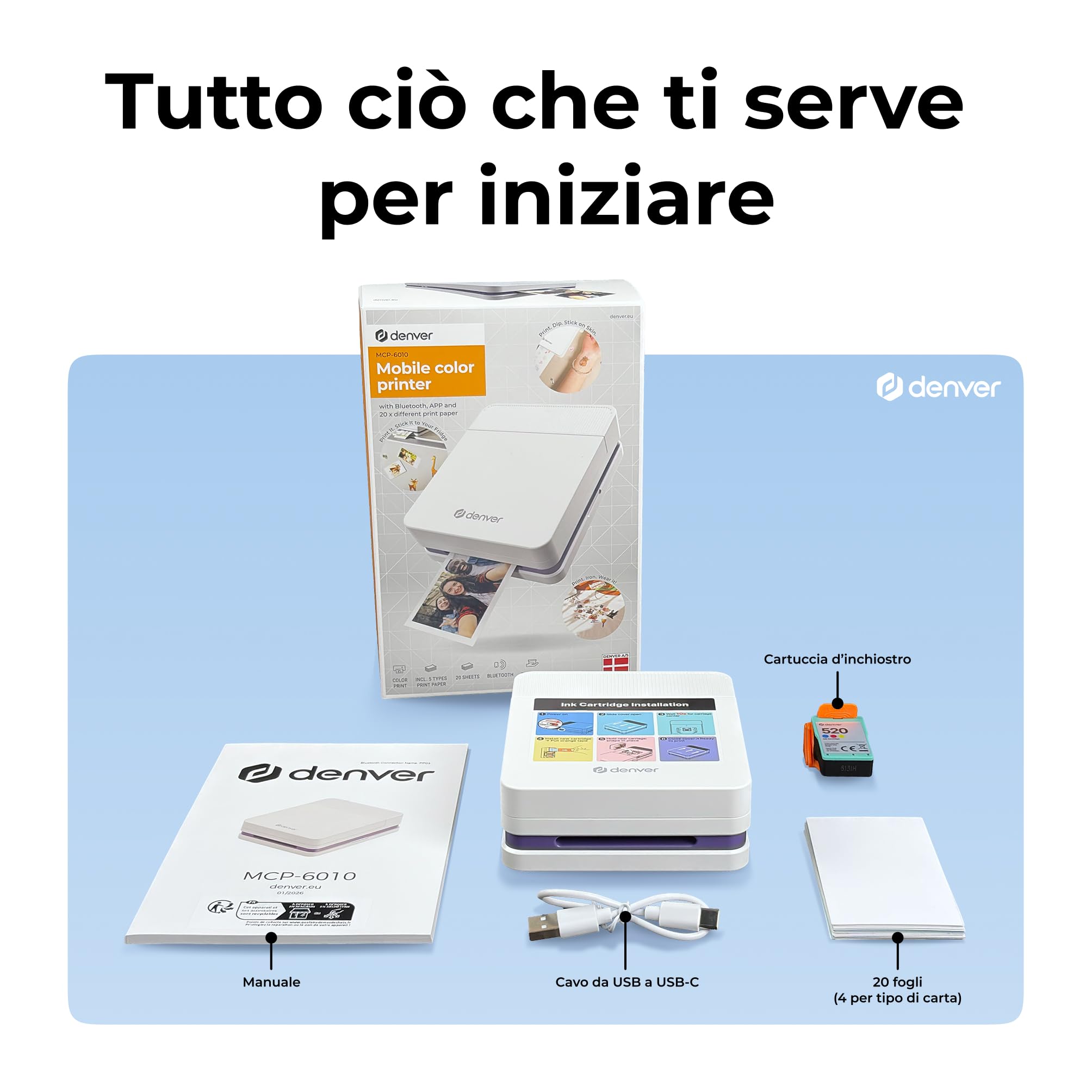 Denver MCP-6010 Mini stampante fotografica per smartphone, stampante portatile a colori con Bluetooth 5.2, 600 DPI, iOS e Android, stampante fotografica portatile con batteria, cartuccia e set di 20