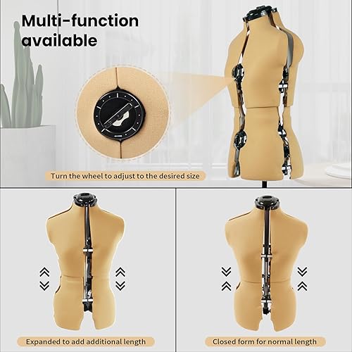 Miniatura 3 de Maniquí de forma de vestido ajustable de cúrcuma para coser mujeres tallas 6-14, cuerpo de modelo pinable con 13 diales, ruedas desmontables, rango