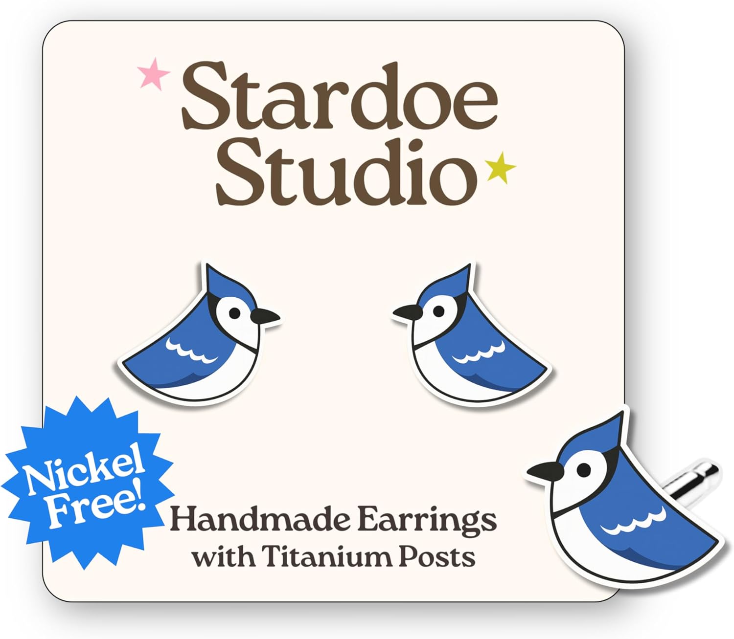 Blue Jay Earrings - Toronto Baseball Fan Studs - Bird Lover Jewelry for Kids and Adults - Hypoallergenic Nickel-Free Titanium Earrings