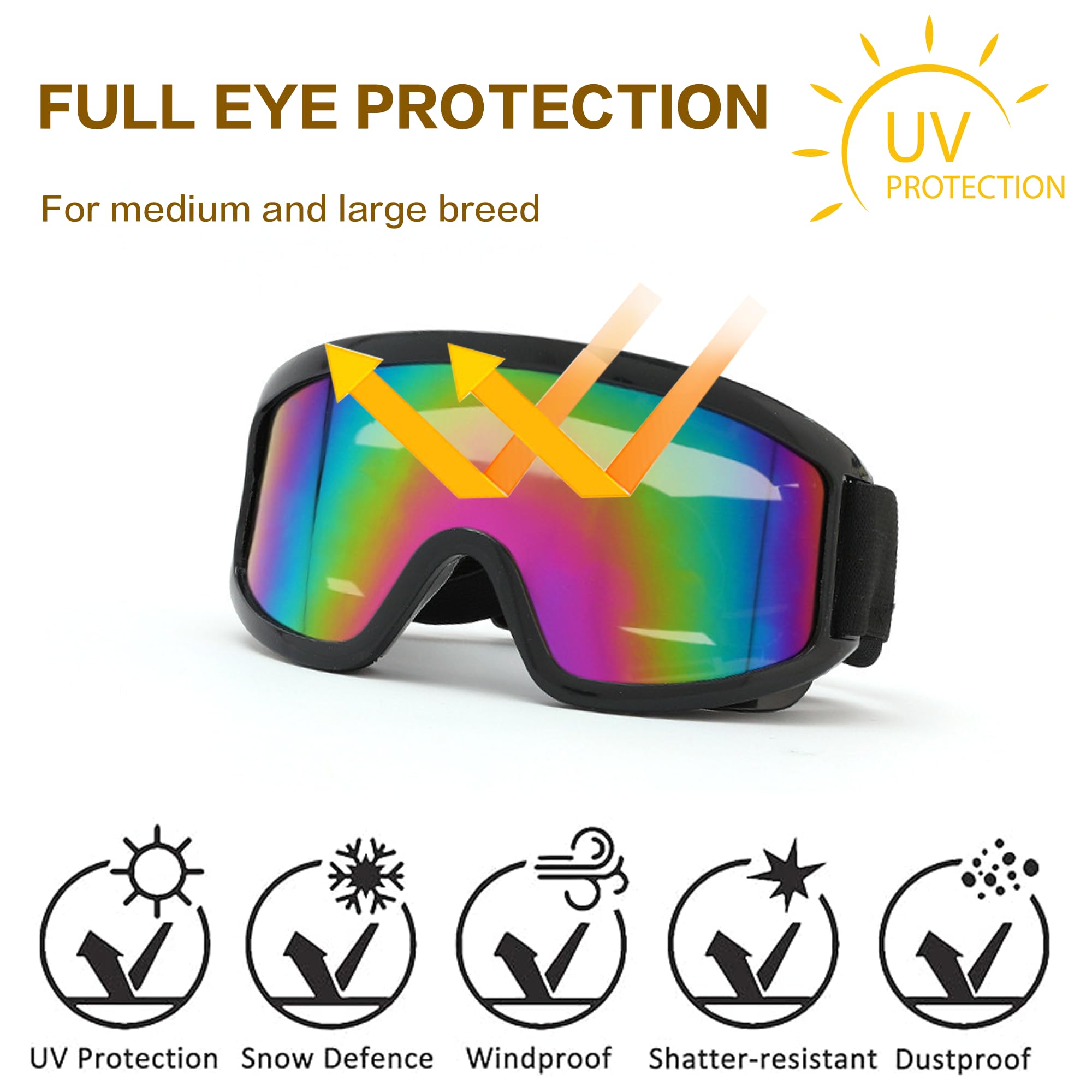 Dog Goggles Medium Large Breed, Dog Sunglasses with Adjustable Straps and Soft Sponge Pad,UV Protection, Windproof, Dustproof and Snowproof.