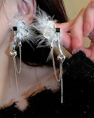 Purple Butterfly Earrings for Women,Blue/Pink/Silver Butterfly Wing Tassel Dangle Rhinestone White Feather Y2k Heart Chain Earrings Jewelry Gifts