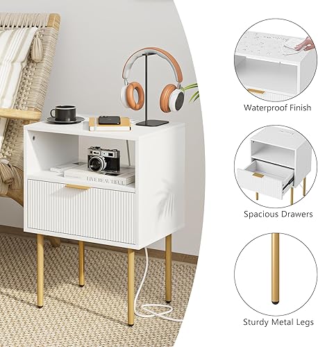 Miniatura 8 de Mesita de noche con estación de carga, mesa auxiliar pequeña, mesita de noche moderna con cajones, mesita de noche para dormitorio, mesa auxiliar de