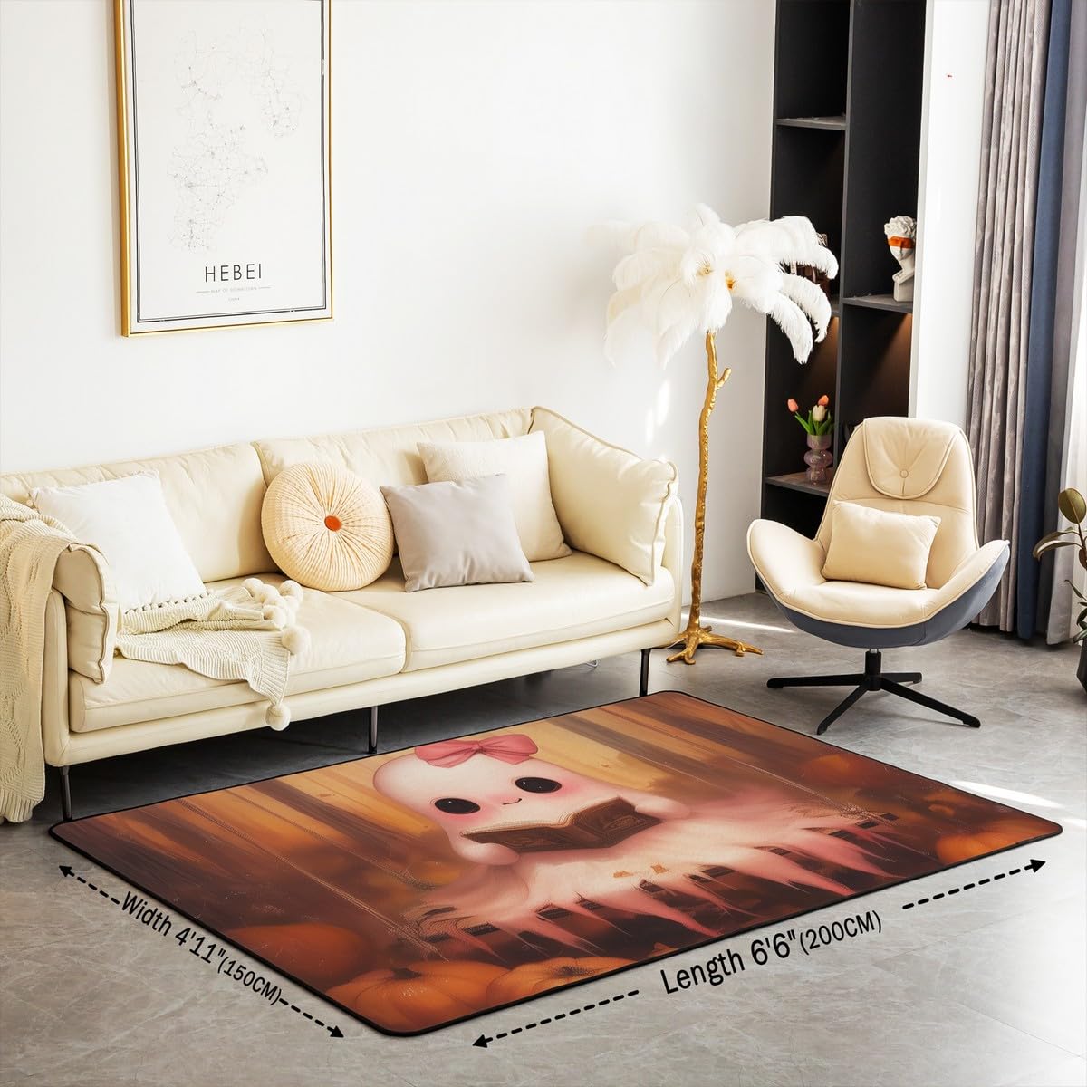 Homewish Dywan Halloween różowy duch 150 x 200 cm do sypialni - uroczy duch czytający książkę dywany salon rustykalna dynia dekoracja nie gubi włosia dywan, dekoracje na Halloween, duże dywany
