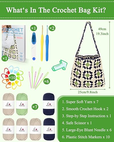 Miniatura 4 de Aeelike Kit de bolsa de ganchillo para adultos principiantes, aprende a hacer bolsa cuadrada de abuelita, kit de inicio con hilos, ganchos,