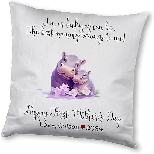 Hippopotamus Matching for Mother's Day, First Mother's Day Custom Pillowcase, Personalized Mother's Day Pillowcase, Gift for Mom, Home Decor