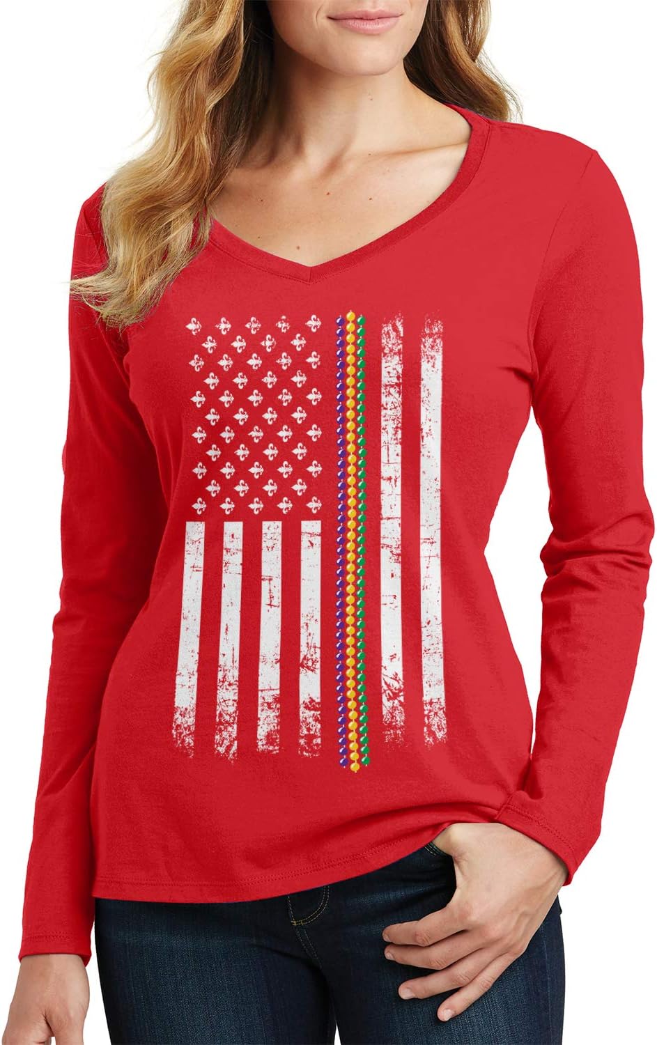 Threadrock Women's Mardi Gras Beads American Flag Long Sleeve V-Neck T-Shirt