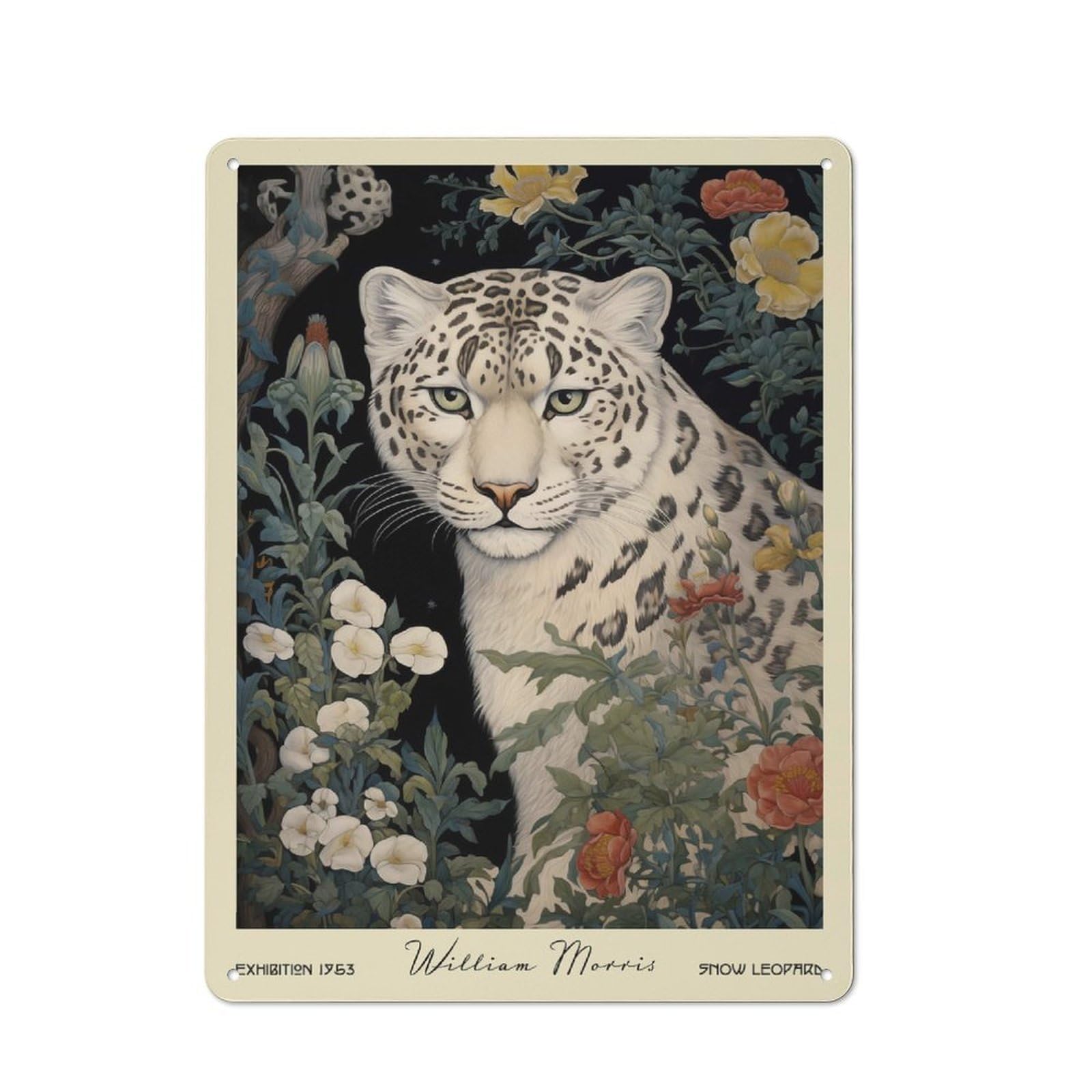 Junmoney Style-3 Snow Leopard William Morris Floral Retro Tin Sign 40X30cm For Café Or Restaurant, Housewarming Wall Decor For People Furnishing Café And Restaurant