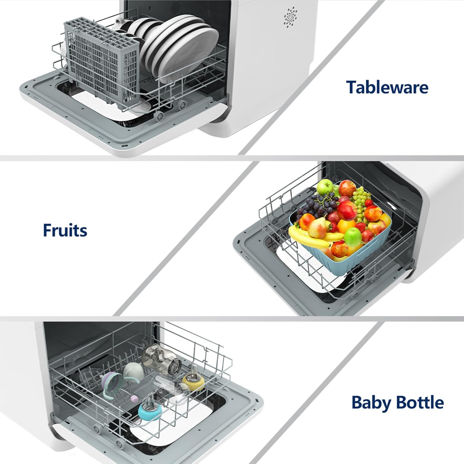 Dishwasher loaded with tableware, fruits, and baby bottles