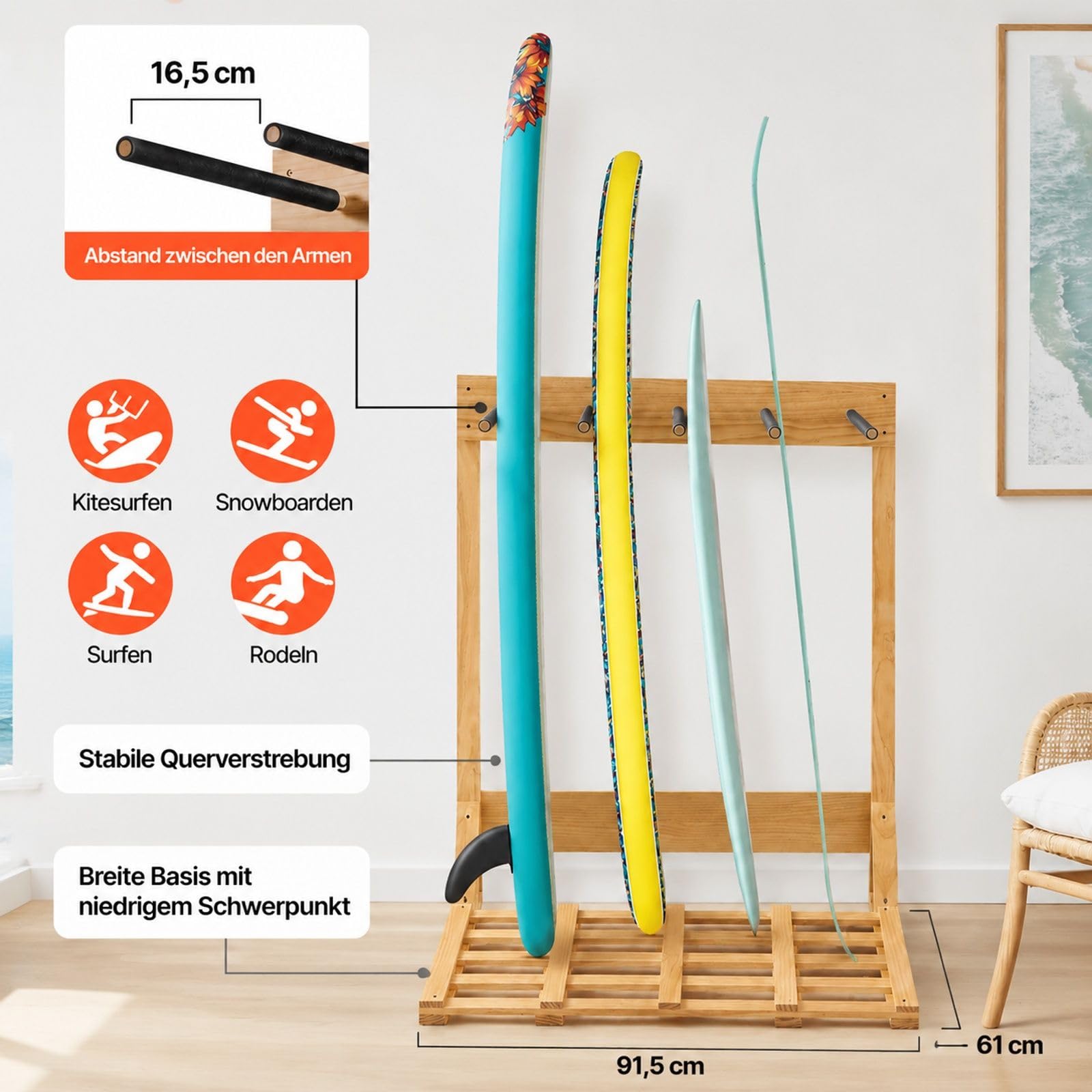 Vertikaler Surfbrettständer aus Holz, freistehendes 4-stufiges Boardregal zur Aufbewahrung und Präsentation für Snowboards, Wakeboards, Kitesurfs, Shortboards und Skier