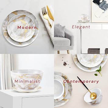 Safdie & Co 16-Piece Modern Premium Porcelain Ceramic Dinner Set, Lightweight Designed, Stackable, in Gold Marble/Gray Finish