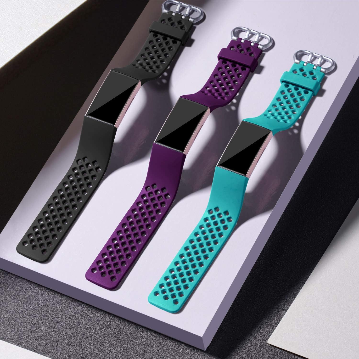 Getino Compatible with Fitbit Charge 4 Bands Fitbit Charge 3 for Women Men, Soft Waterproof and Durable TPU Breathable Wristbands, Replacement Sport Band 3 Pack, Large Black/Teal/Purple