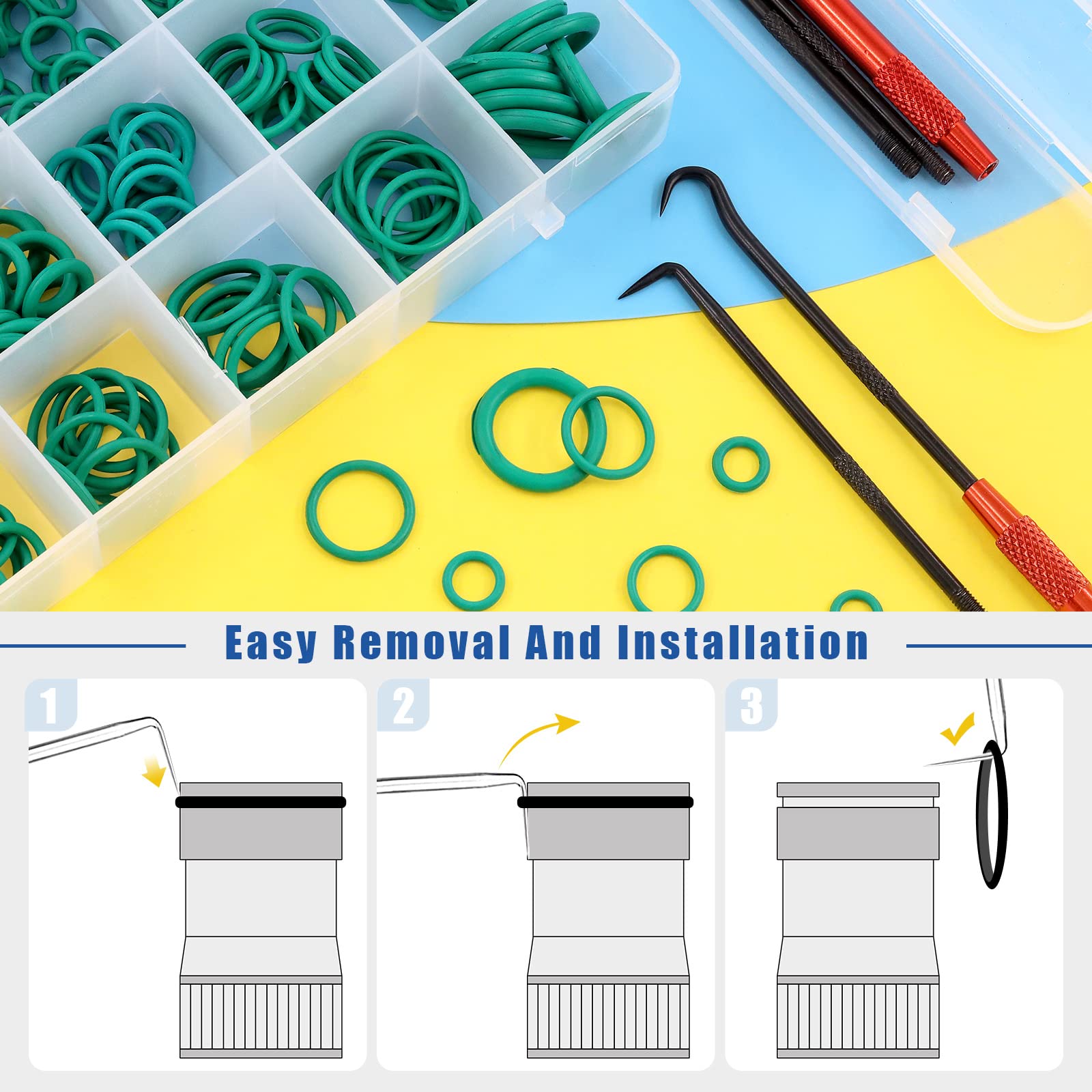 Glarks 270 pezzi di 18 misure di gomma verde O-Ring con 2 pezzi Mini Specialty Precision Pick and Hook Assortment Kit per riparazione auto veicolo aria condizionata compressore guarnizioni