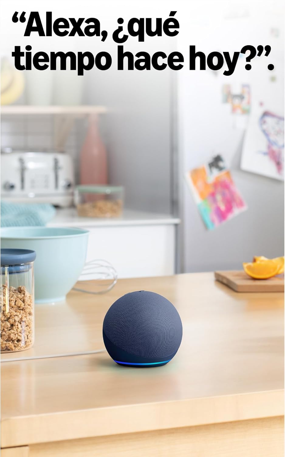 Amazon Echo Dot (5th Generation) in a kitchen setting, with the text 'Alexa, what's the weather today?'