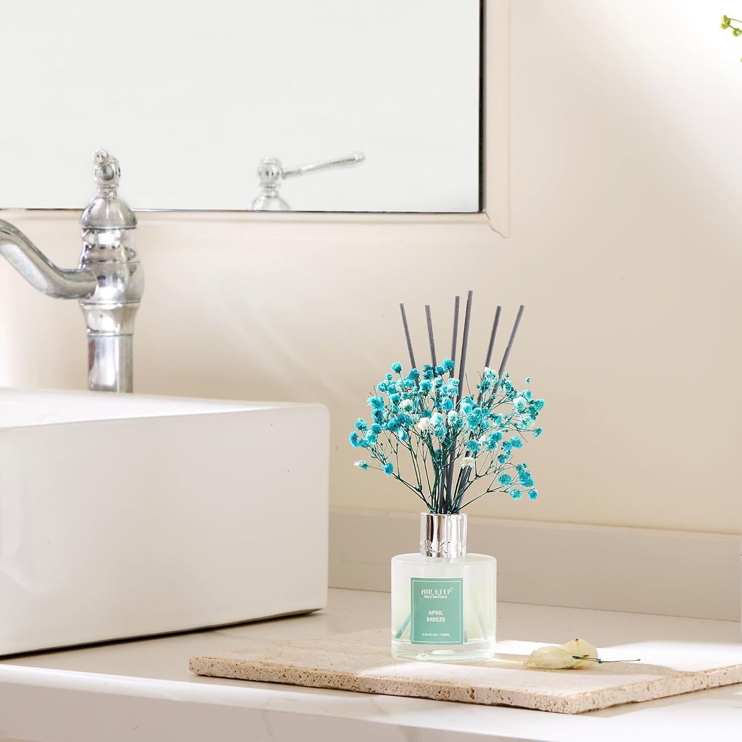 Airkeep Reed Diffuser Set,3.38 fl oz (100 ml) - April Breeze Lemon Musk Oil Diffusers with 8 Reed Sticks, Home Fragrance Reed Diffuser for Bathroom Shelf Decor - Image 4