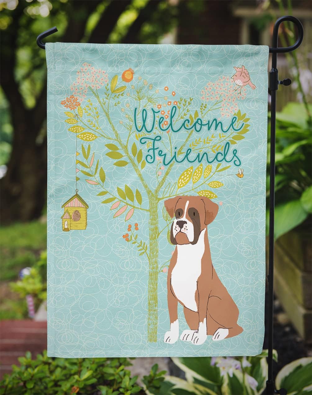 Caroline's Treasures BB7582GF Welcome Friends Flashy Fawn Boxer Garden Flag Mailbox Flag Decorative Yard Flag Banner Outside Patio Artwork Yard Flower Beds, Garden Size, Multicolor