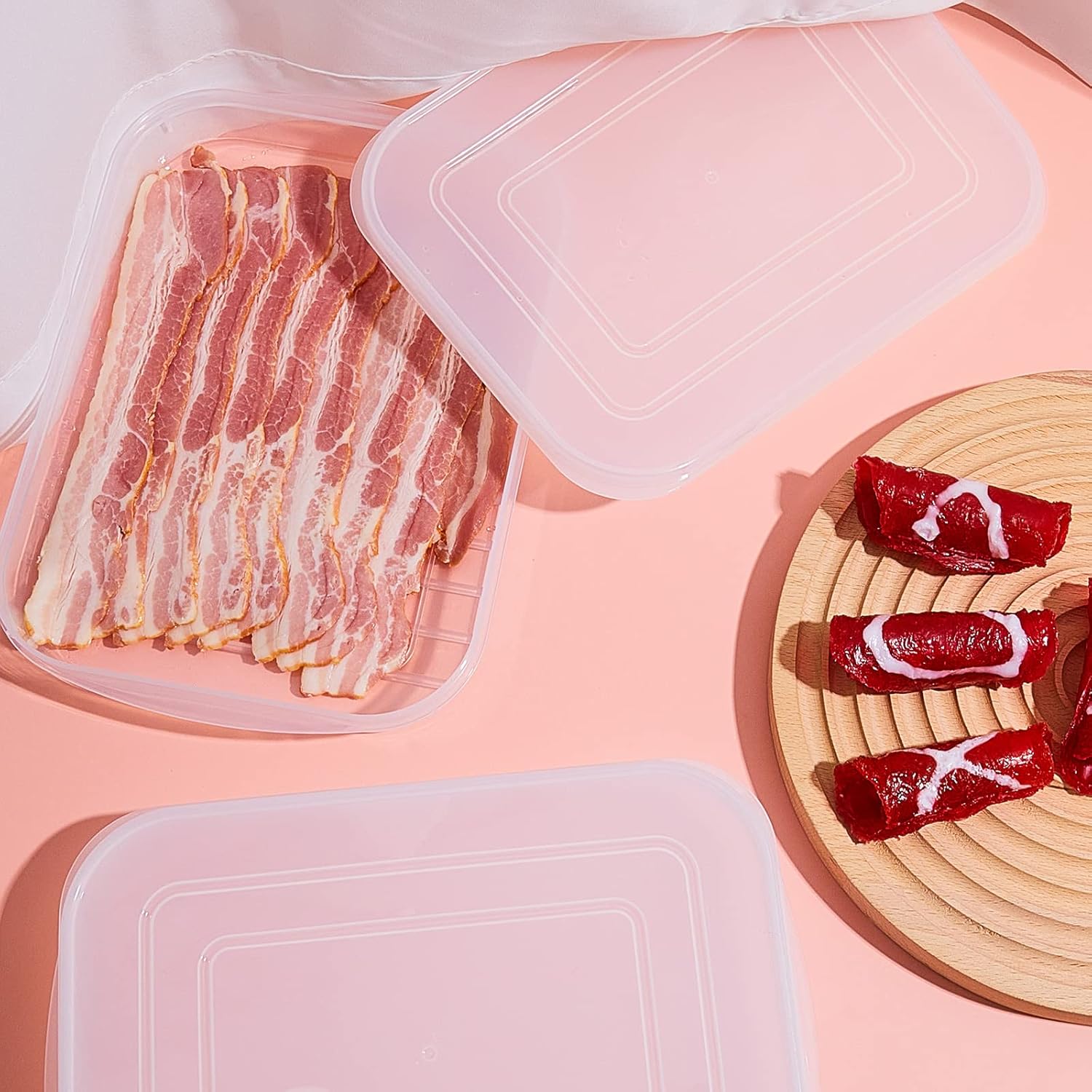 Suclain 4 Pieces Bacon Keeper Plastic Deli Meat Saver with Lids Airtight Cold Cuts Cheese Container for Fridge Food Refrigerator Storage Box Shallow Low Cookie Holder, 9.65 x 7.28 x 1.38'' - Image 5