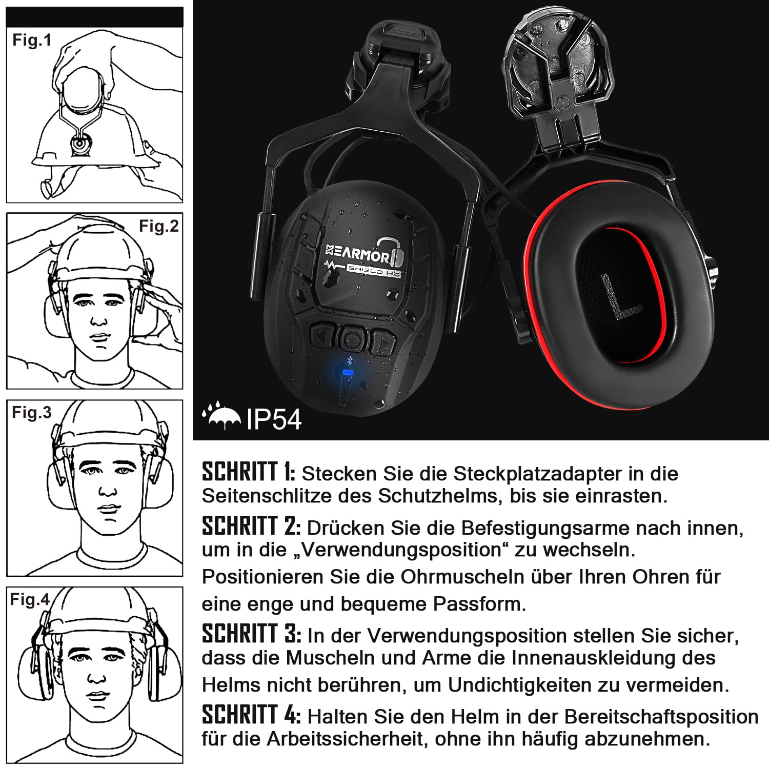 HEARMOR Bluetooth Hartschalen-Gehörschutz, SNR 32dB Lärmschutz, am Helm befestigter Gehörschutz für Mäharbeiten und lärmintensive Arbeiten