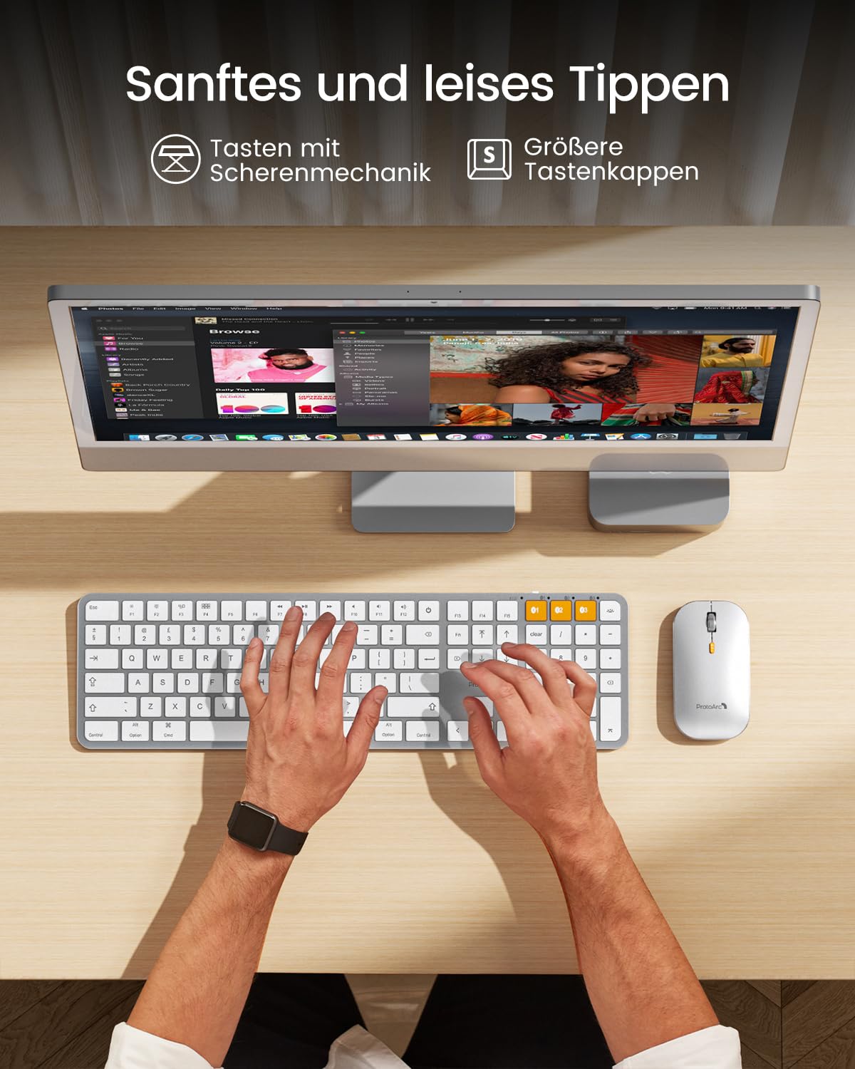 ProtoArc KM100-A Beleuchtet Tastatur Maus Set Kabellos für Mac, Bluetooth QWERTZ Funk Tastatur mit Maus, Wireless Flach Keyboard Multi-Gerät für MacBook Pro, MacBook Air, iPhone, iPad, Weiße