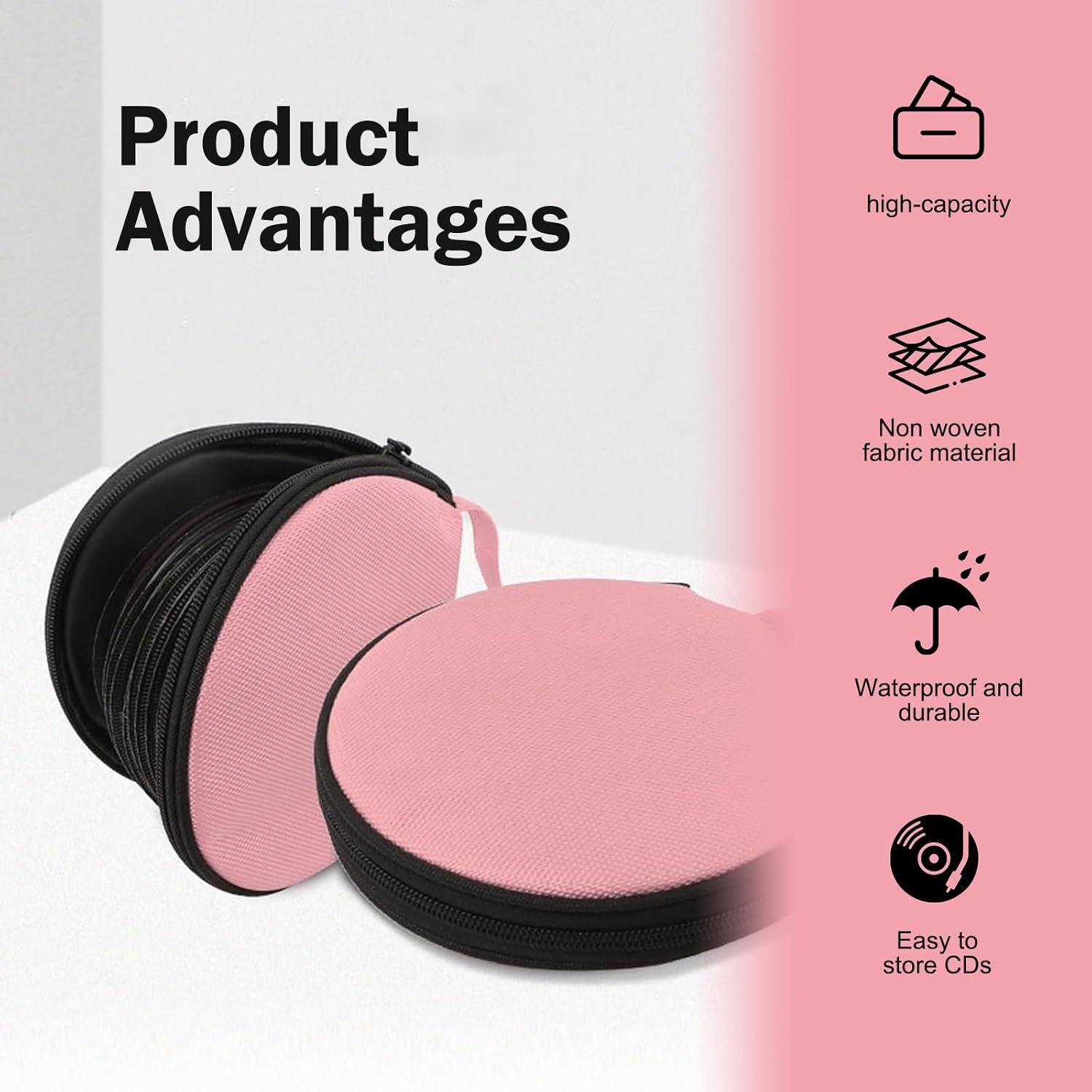 Car CD Case, 20 Capacity Oxford Cloth CD Protective Holder with Transparent Film Divider, Waterproof Portable Round Disc Case with Reinforced Handle, Universal DVD Organizer Wallet (Pink) image 4
