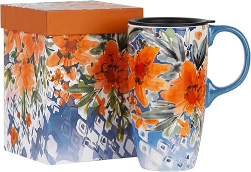 Miniatura 17 de DUSVALLY Taza de cerámica para café, taza de café de viaje, taza de té con leche de porcelana con tapa y caja de color, 17 onzas, flor blanca y roja