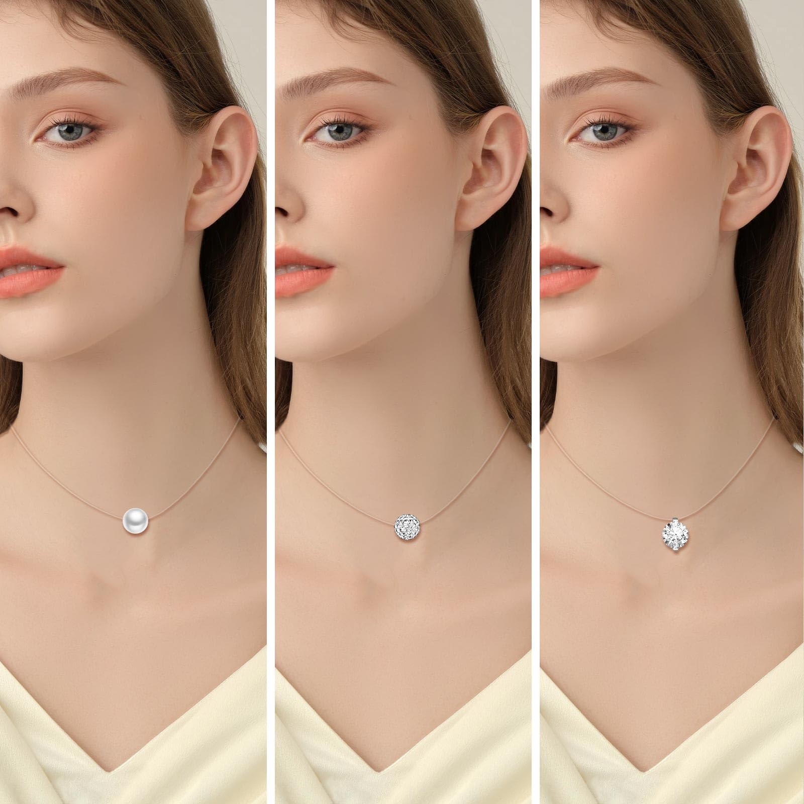 3 Pièces Collier Solitaire Femme Ras du Cou Pendentif Perle/Boule de Cristal/Zircone Ronde, Fermeture en Argent 925, Colliers Invisible Nylon Transparent Bijoux pour Femmes et Filles