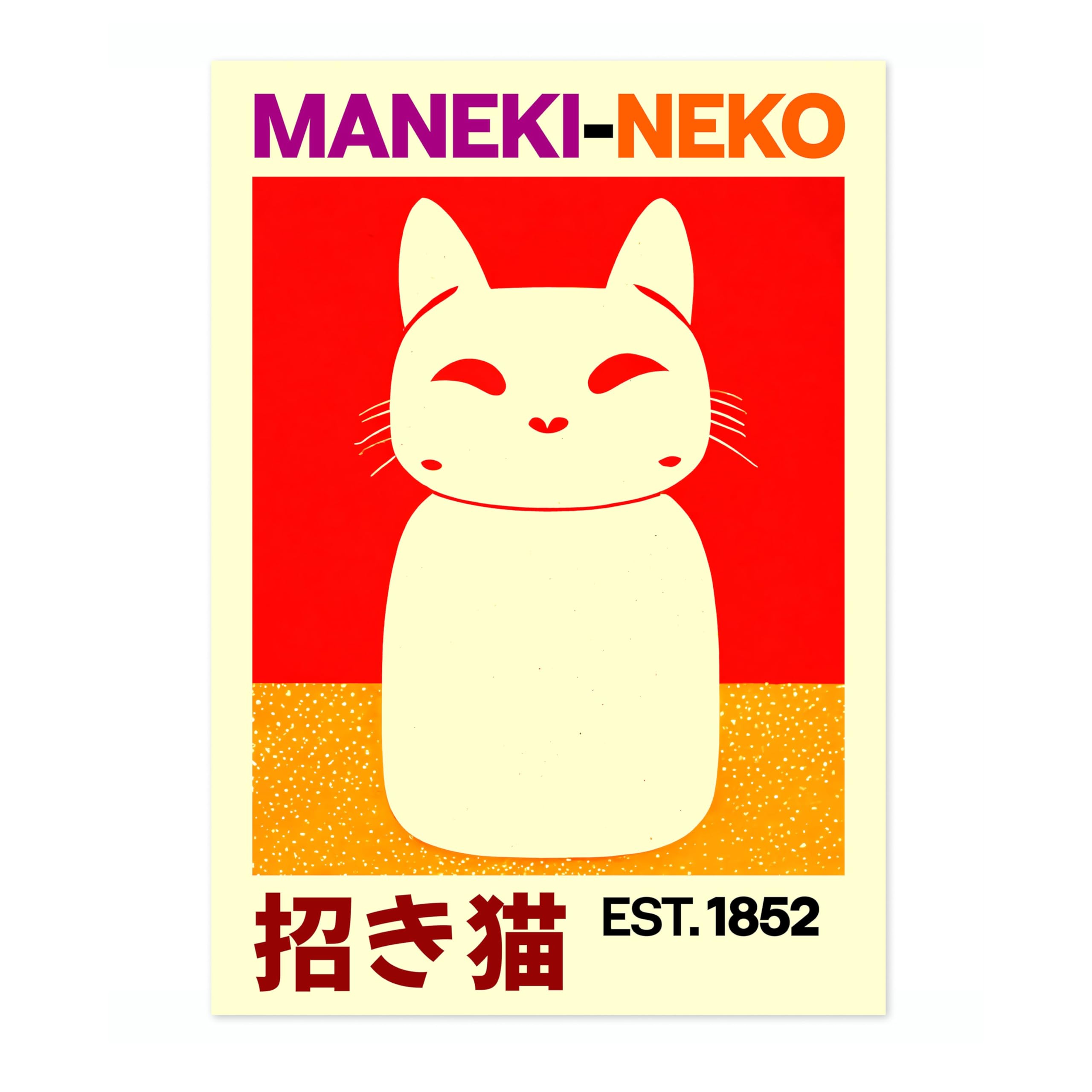 Maneki Neko Cat Anime Woodblock Poster Modern Woodblock Print, Cartoon Manga Kitten Wall Art Decor, Modern Japanese, Cat Lovers, A3 (Print Only) - 42x29.7cm โ image 1