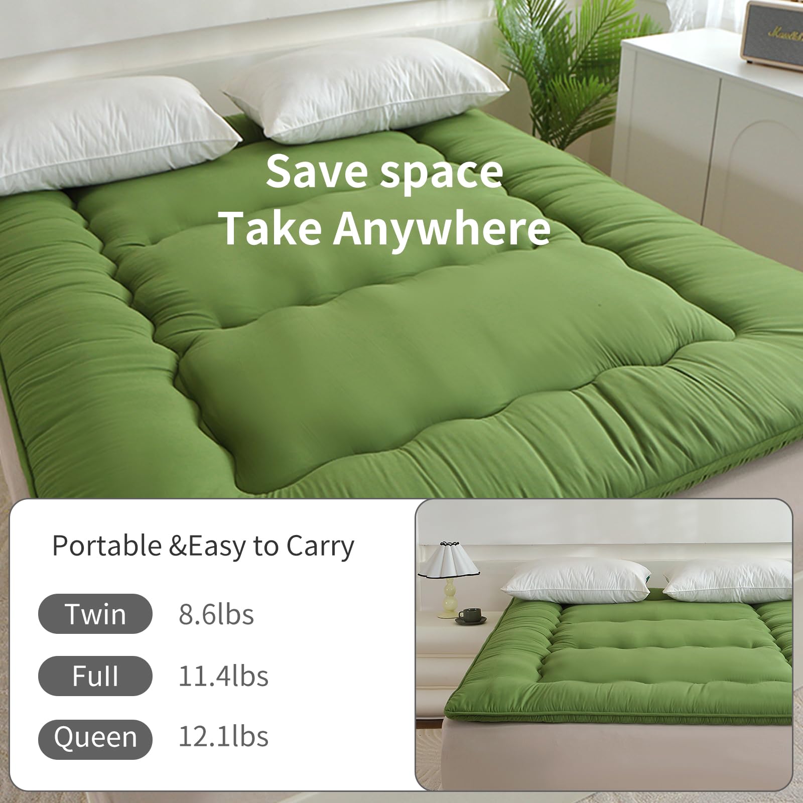 Matelas futon japonais, lit de sol japonais, lit tatami pliable, matelas de couchage enroulable pour chambre d'amis, chambre à coucher (noir, matelas complet (137 x 203 cm)