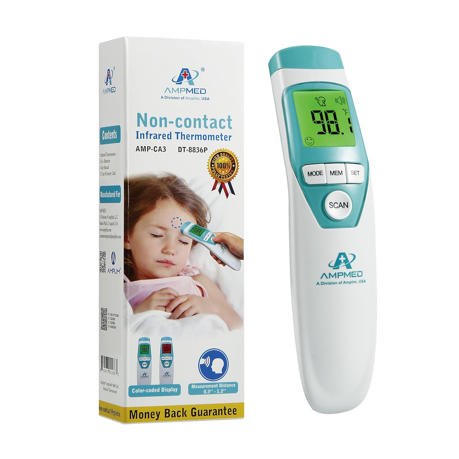 Amplim Hospital Medical Grade Non Contact Clinical Forehead Thermometer for Baby and Adults, Blue Turquoise White