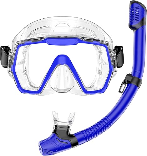 Miniatura 8 de Juego de esnórquel para adultos, equipo de esnórquel con lente de vidrio templado antifugas y antivaho, vista panorámica, máscara de natación, kit