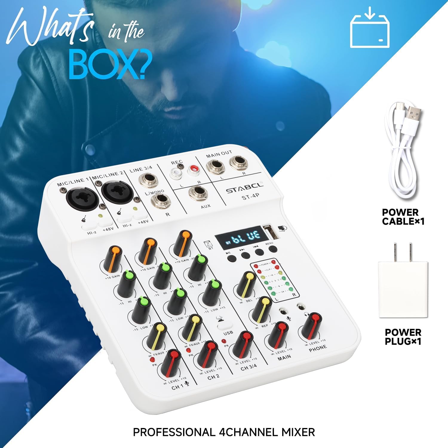 4 Channel Audio Mixer Mini, Sound Board Mixing Console with Digital USB Bluetooth 48V Phantom Power and Reverb, Small Sound Mixer Interface for Pc, DJ Mixer for Podcasting & Studio Streaming