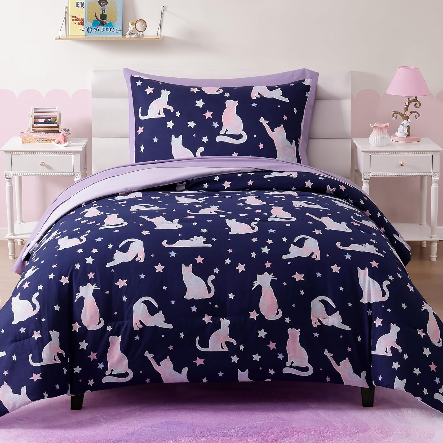 Twin Comforter Set for Girls, Kids - 5 Pieces Cute Cat Patterns Twin Bedding Sets f...
