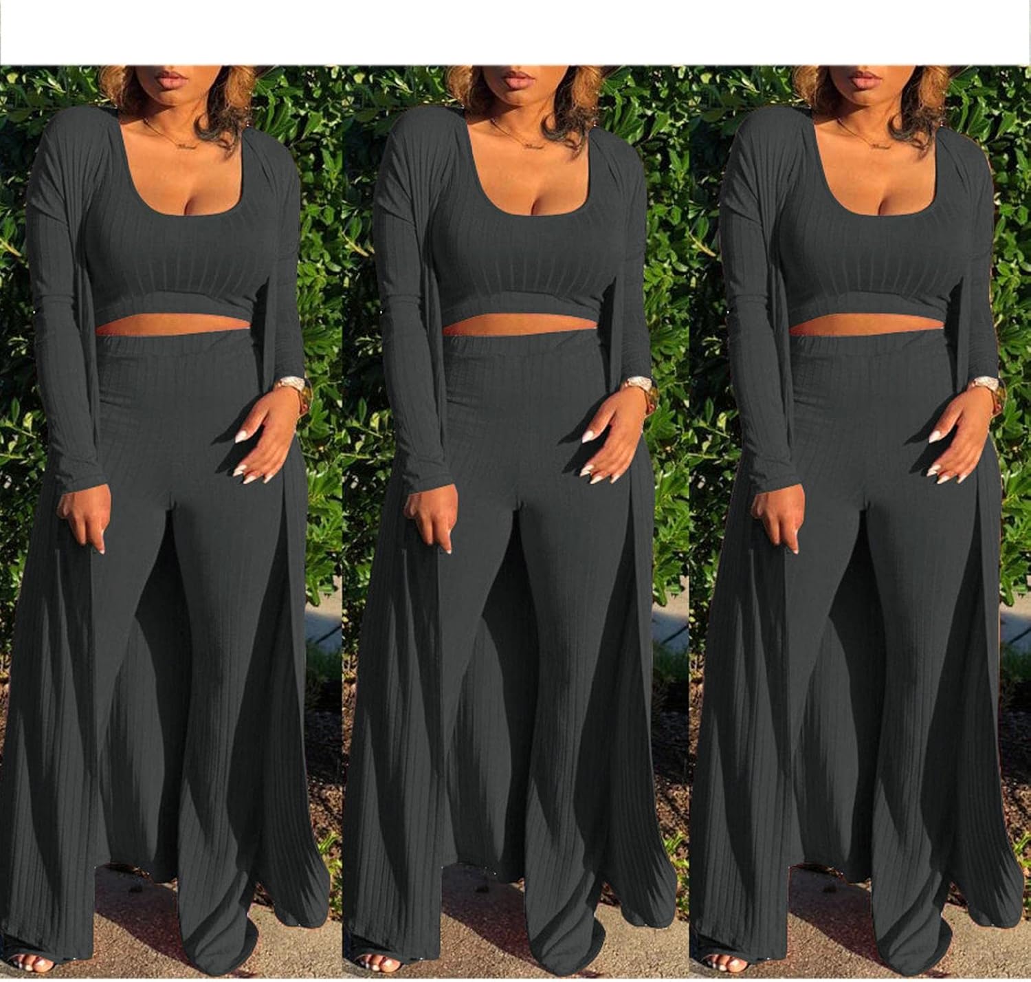 HANMAX Women's Tracksuit Winter Autumn Knitted Long-sleeved Blazer Coat Tank Long Pants Three Piece Sets Outfit - Image 5