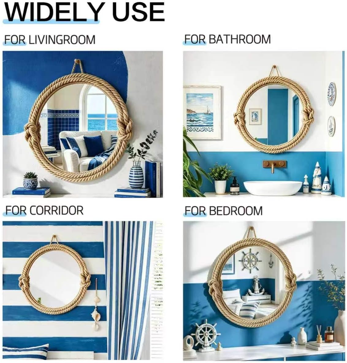Round Hanging Mirror – Nautical Rope Wall Decor for Living Room, Bedroom, Entryway Bathroom – Coastal Rustic Farmhouse Decorative Wall Mirror, Beach Style Home Accent (20 Inch Round Hanging Mirror)
