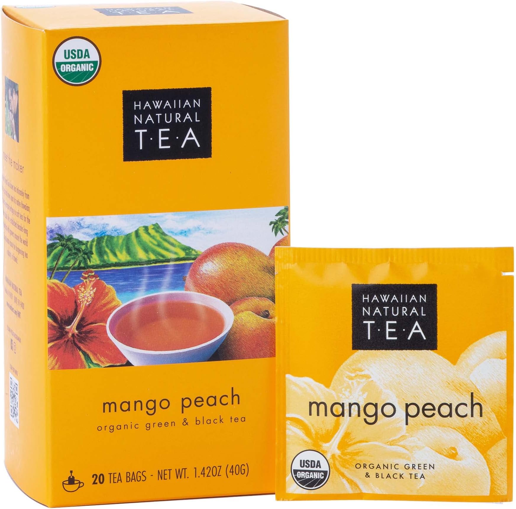 Hawaiian Natural Tea Mango Peach Flavored Organic Tea - Tropical Fruit Green and Black Tea Blend - Perfect Daily Cup & Gift for Special Occasions - 20 Tea Bags