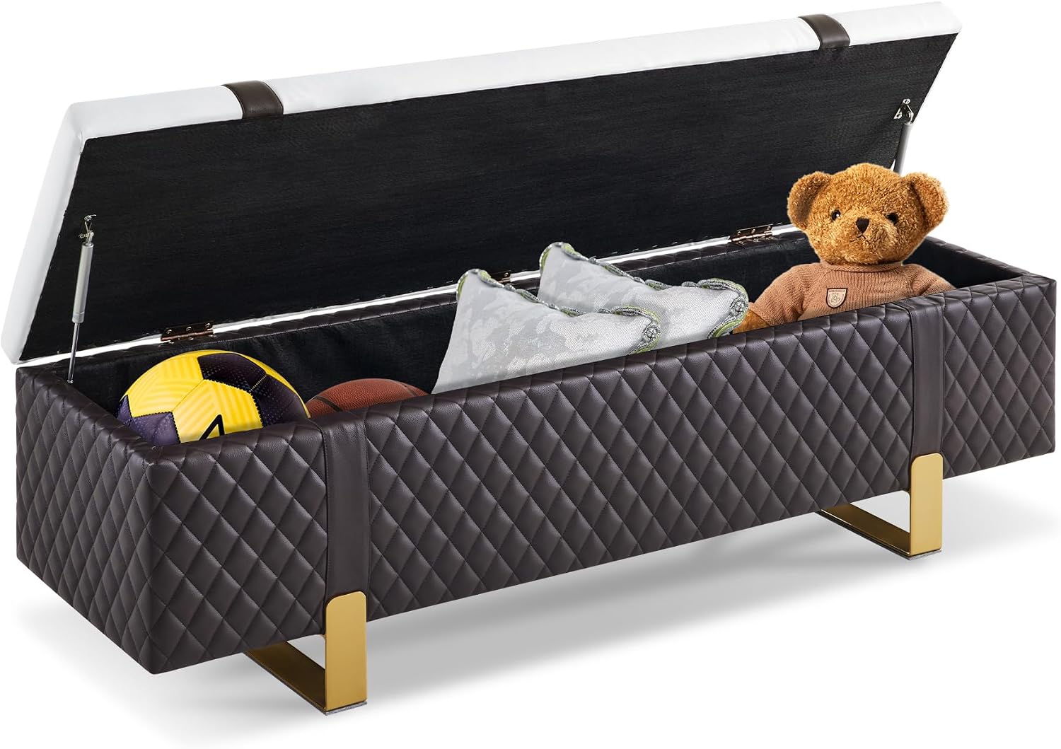 MCombo Storage Ottoman Bench, Faux Leather Upholstered End of Bed Bench with Hidden Storage for Bedroom, Living Room, Entryway W463 (Brown)