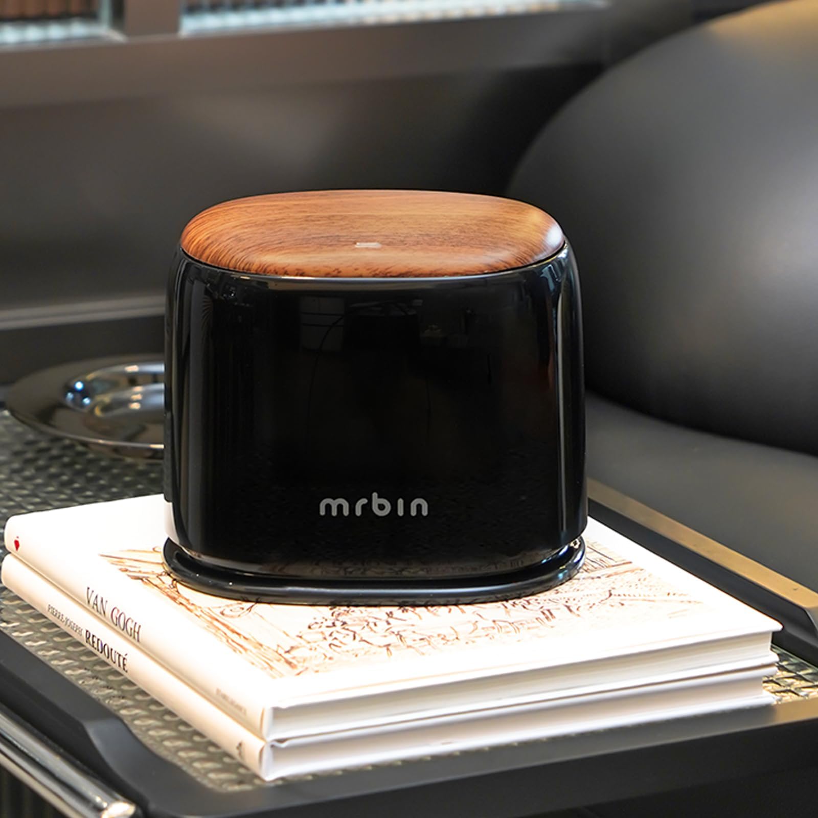 MRBIN Desk Mini Car Trash Can, 0.5 Gallon Table Plastic Tiny Waste Basket with Press Top, Small Garbage Bin for Office, Bedroom, Coffee Bar, Vanity Countertop, Black with Walnut Pattern
