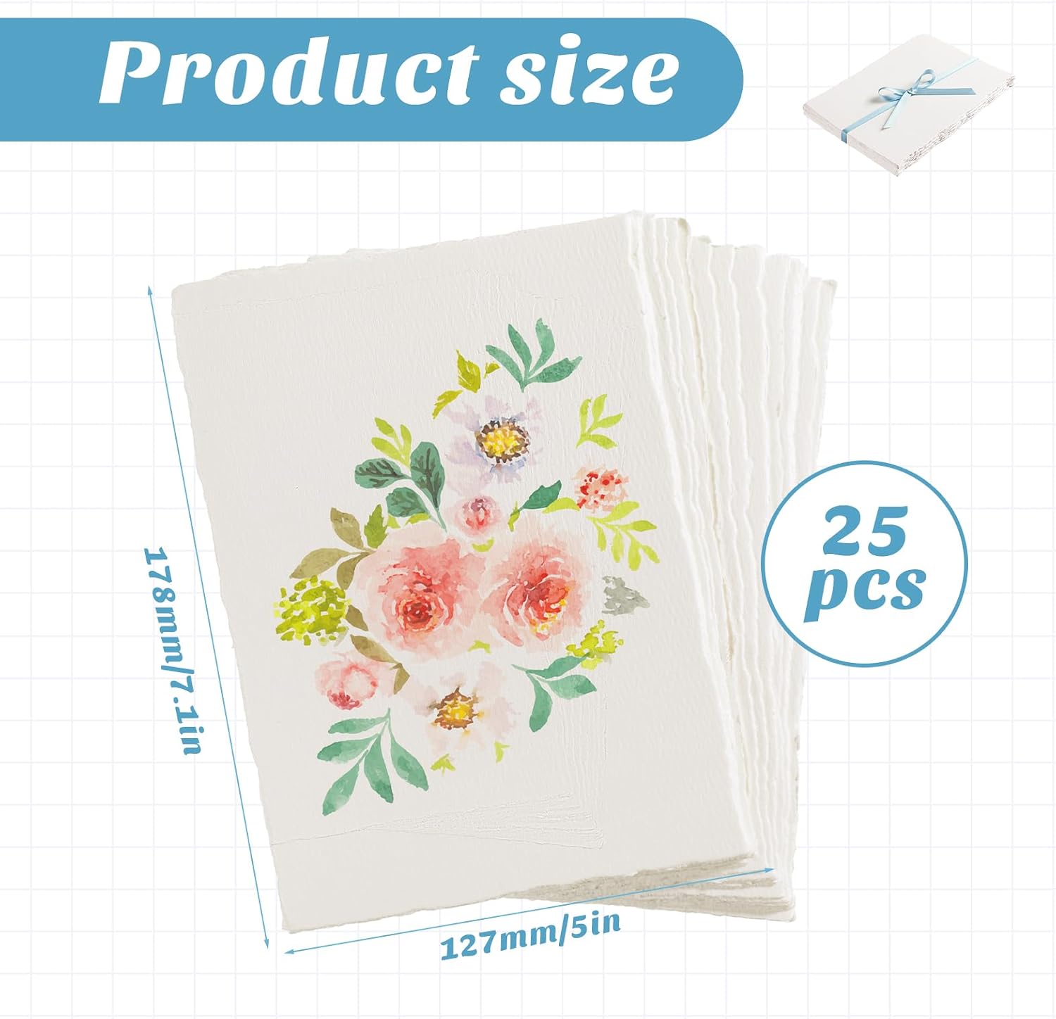 25 Sheets Textured Paper, Watercolor Paper 5x7 Inch 240 GSM Deckled Edge White Handmade Papers for Watercolors,Cards,Crafts,Wedding Invitations