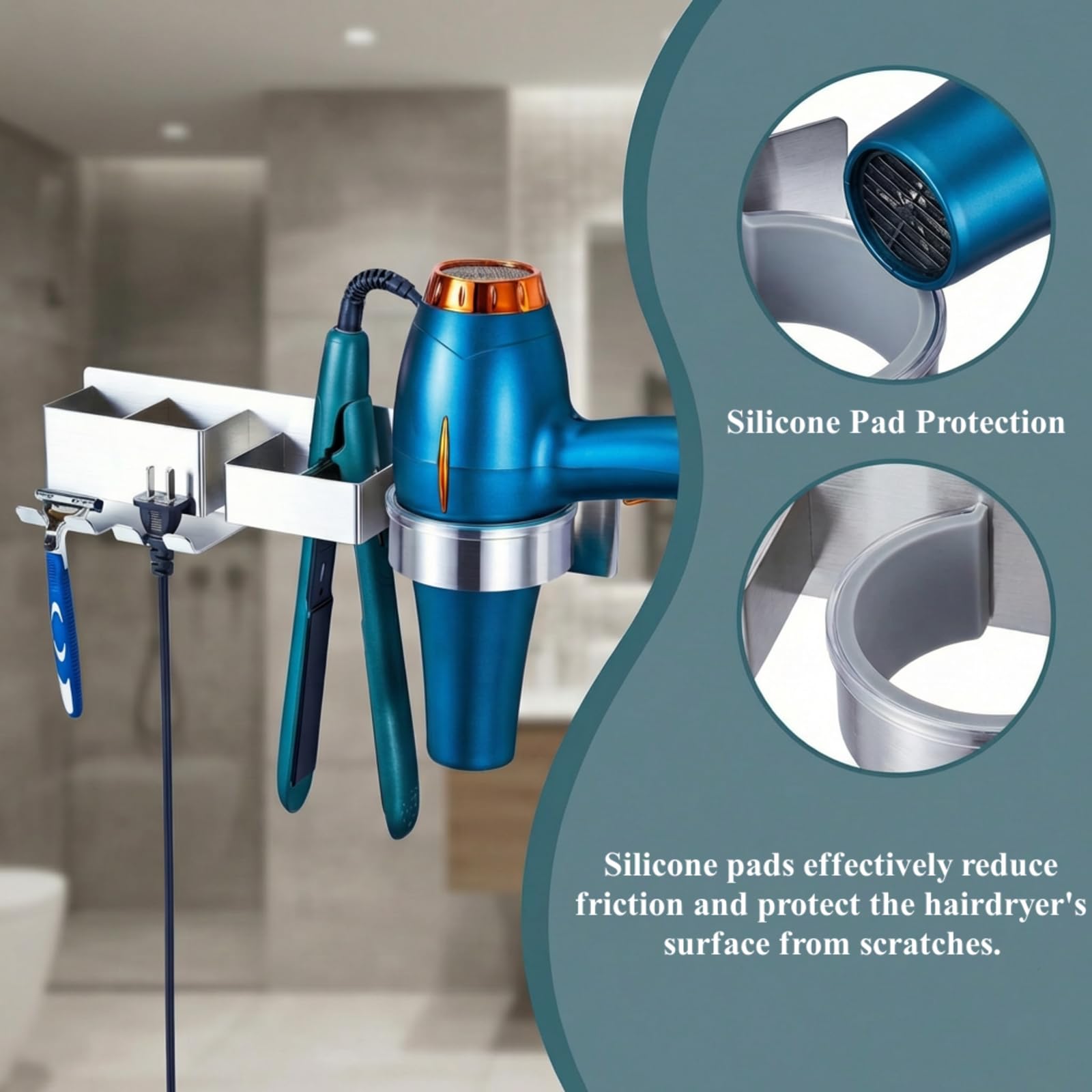 Porta Phon e Piastra Porta Asciugacapelli Autoadesivo con Scomparti Porta Phon da Parete Porta Piastra per Capelli in Spaziale Alluminio Supporto per Asciugacapelli e Piastra lisciante, Argento