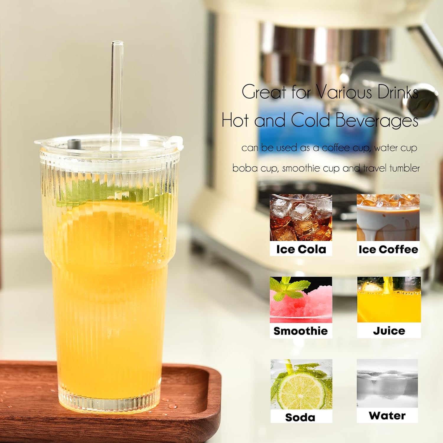 ALINK 20 oz Ribbed Glass Tumblers with Lids and Straws, Ripple Iced Coffee Cups, Thickened Drinking Glasses for Coffee, Smoothies, Cocktail, Juice, Cold Drinks, Pack of 4 - Clear - Image 4