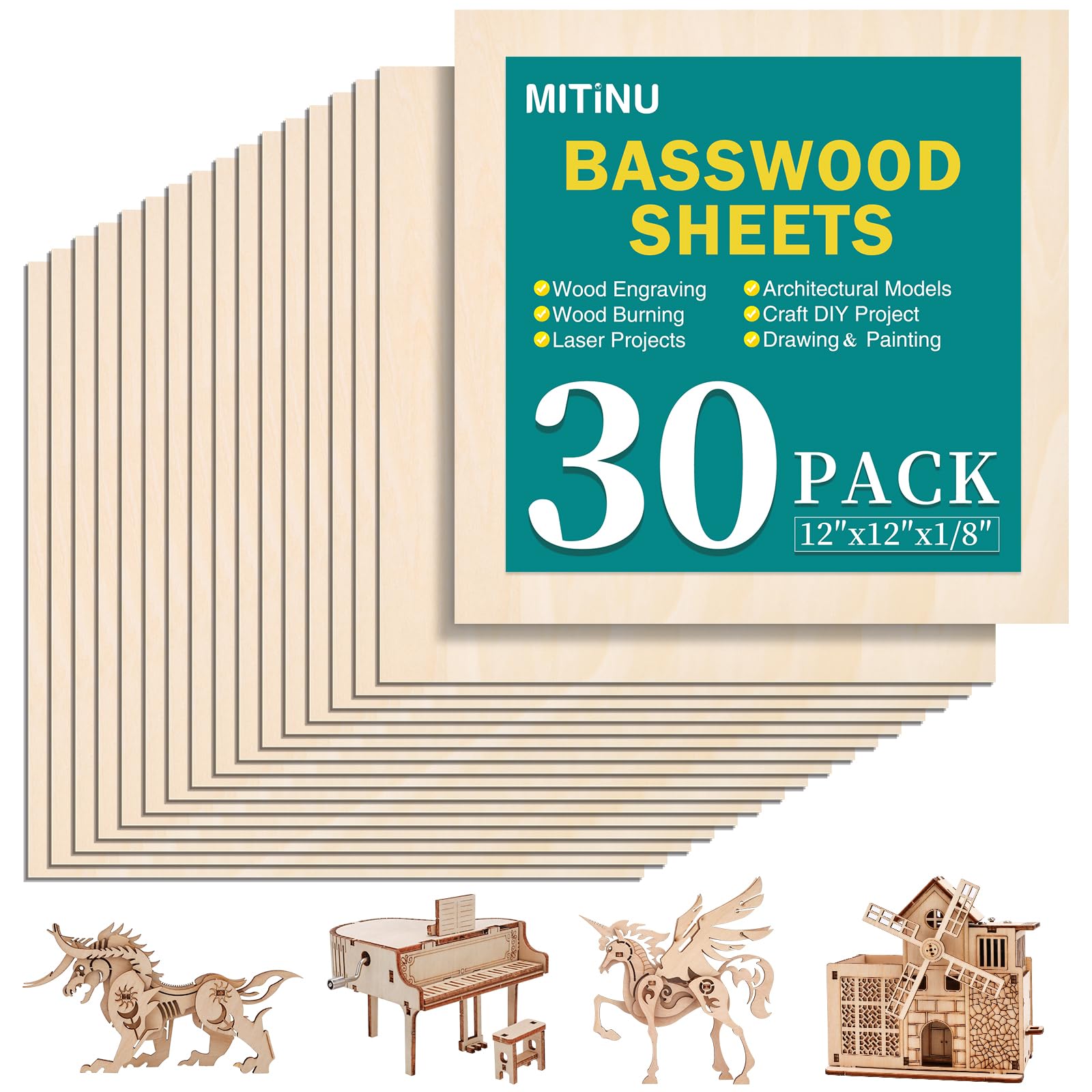 MITINU 30 Pack Basswood Sheets for Crafts,12"x12"x1/8" 3mm Thick Plywood Sheets with Smooth Surfaces-Unfinished Squares Wood Boards for Laser Cutting, Wood Burning, Architectural Models, Staining