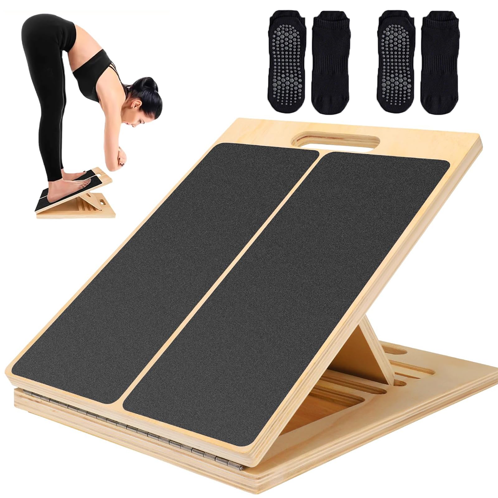Tavola Inclinata in Legno, 1 Pezzo Tavola di Equilibrio Regolabile, Balance Board Portatile con Maniglia per il Trasporto, con 2 Paia in Calzini di Cotone, per Allungamento Muscolare