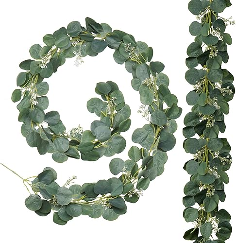Briful Guirnalda de eucalipto artificial, vid de eucalipto de seda, hojas colgantes de seda, guirnalda de vegetación para boda, fiesta, telón de
