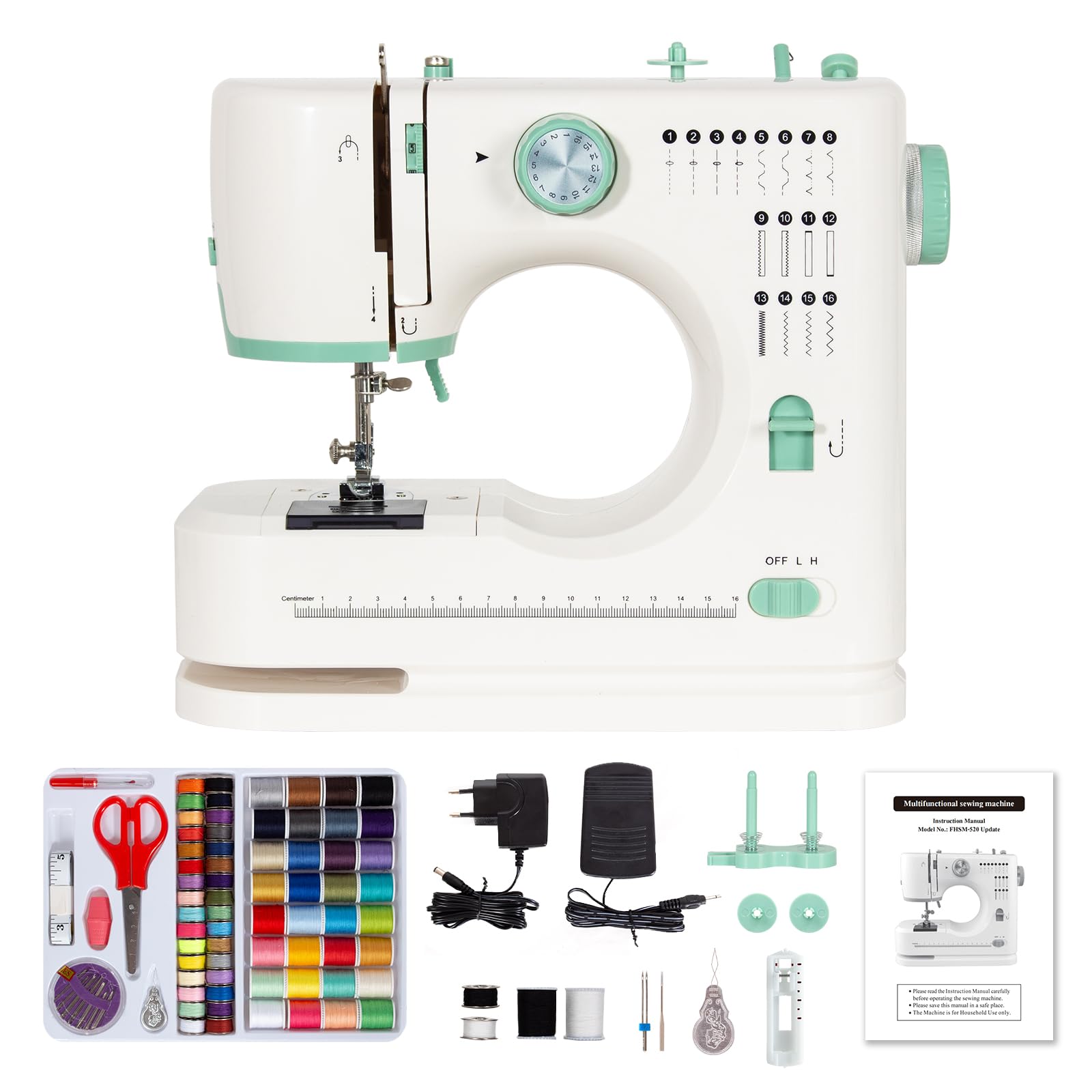Todeco Machine à Coudre Électrique, Machine à Coudre Débutant avec 16 programmes de couture, Double aiguille et double fil, avec Kit Couture et pédales, pour Débutants Parents et Enfant (Vert)
