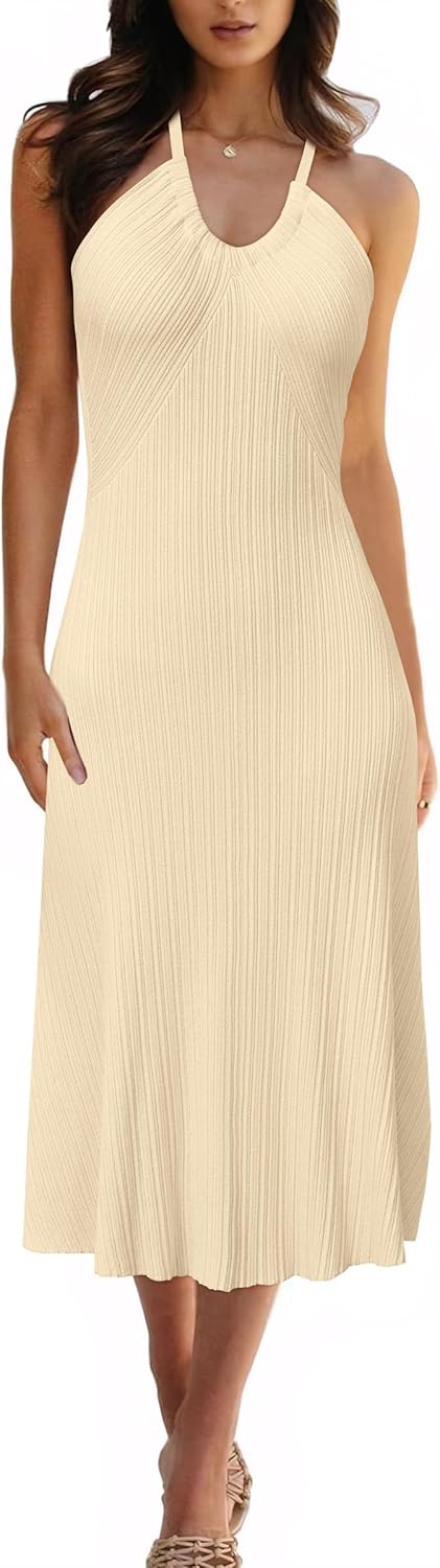 Arach&Cloz Women’s Summer Dress 2025 Halter V Neck Sleeveless Ribbed Knit Casual Beach Vacation Outfits Midi Sundress