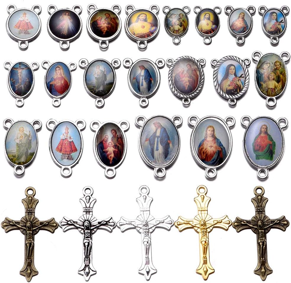 80pcs/40sets Rosary Cross and Center Miraculous Medal Charms Silver Picture Jesus Enamel Maria Our Lady Alloy Crucifix Pendants for DIY Necklace Bracelet Jewelry Making (A544)