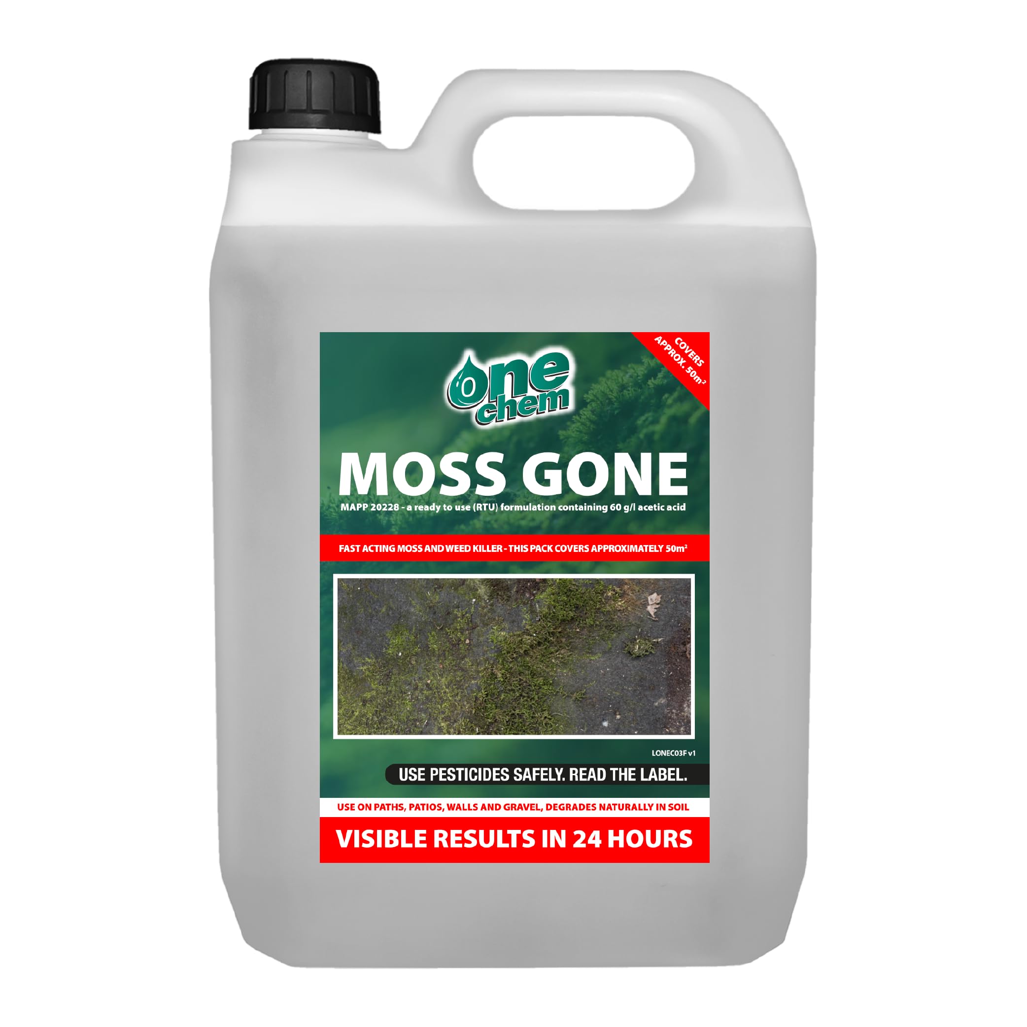One Chem Moss Gone Moss killer 5 Litre, Suitable on Paths, patios and hard surfaces