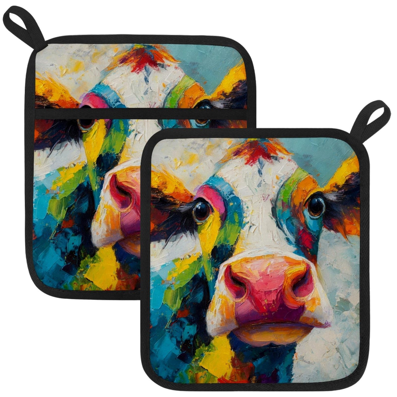 VAPOKF Cow Heat Resistant Pot Holders, Thick Pot Holders Pad with Hanging Loop for Kitchen, Oven Cloth Pads for Kitchen Baking Microwave Oven