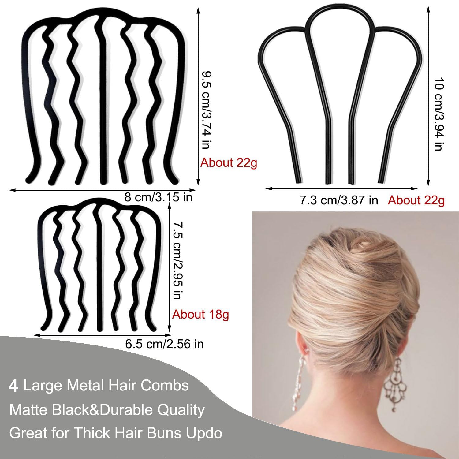 8 Piece Hair Side Combs French Twist Comb Metal Hair Fork Clip Teeth Hair Pin Stick for Updo Bun, U Shape Hair Combs Hair Tool for Vintage Hairstyle Hair Accessories - Image 3