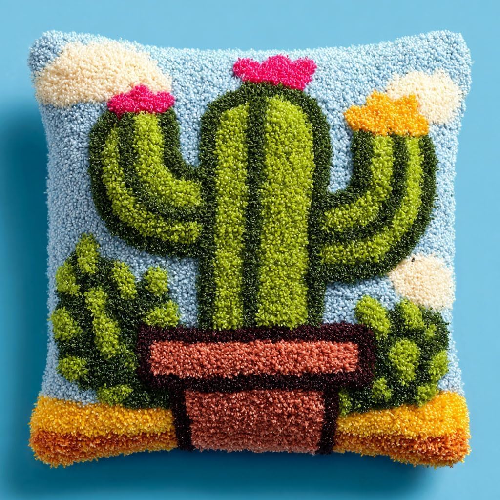 ZUHK Latch Hook Kits for Adults/DIY Pre-Printed Craft Latch Hook Pillow Kits fit for Throw Pillow Cover Sofa Cushion Cover,17x17 in (Cactus 2) — image 1