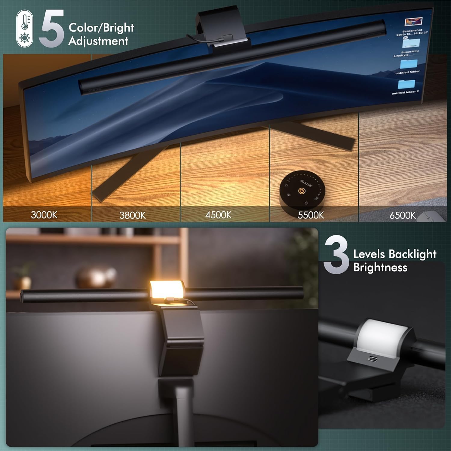 Quntis Lampara Monitor Curvo 42.5cm con Retroiluminación y Control Remoto | Luz Monitor Protección Ocular Anti Luz Azul, Regulable Lámpara PC Escritorio para Monitors Normales, Irregulares y Curvas